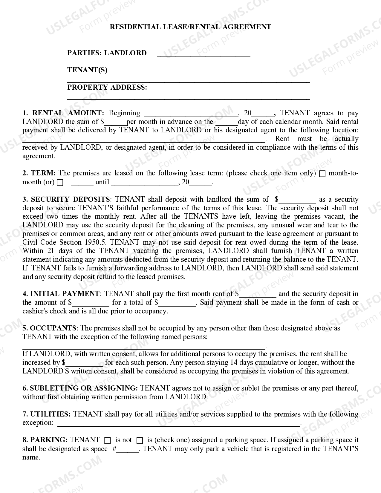 California Residential Lease Rental Agreement US Legal Forms