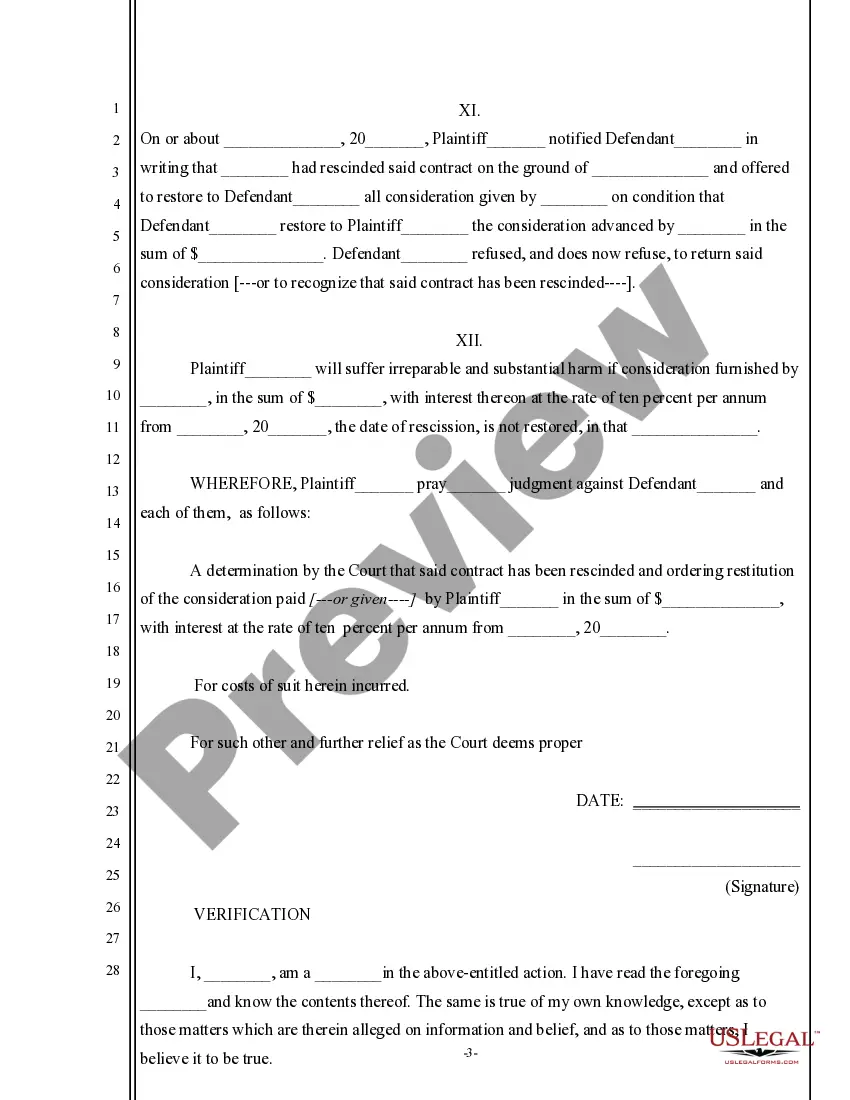 Get Complaint for Rescission for Contract Preview Complaint for Rescission for Contract