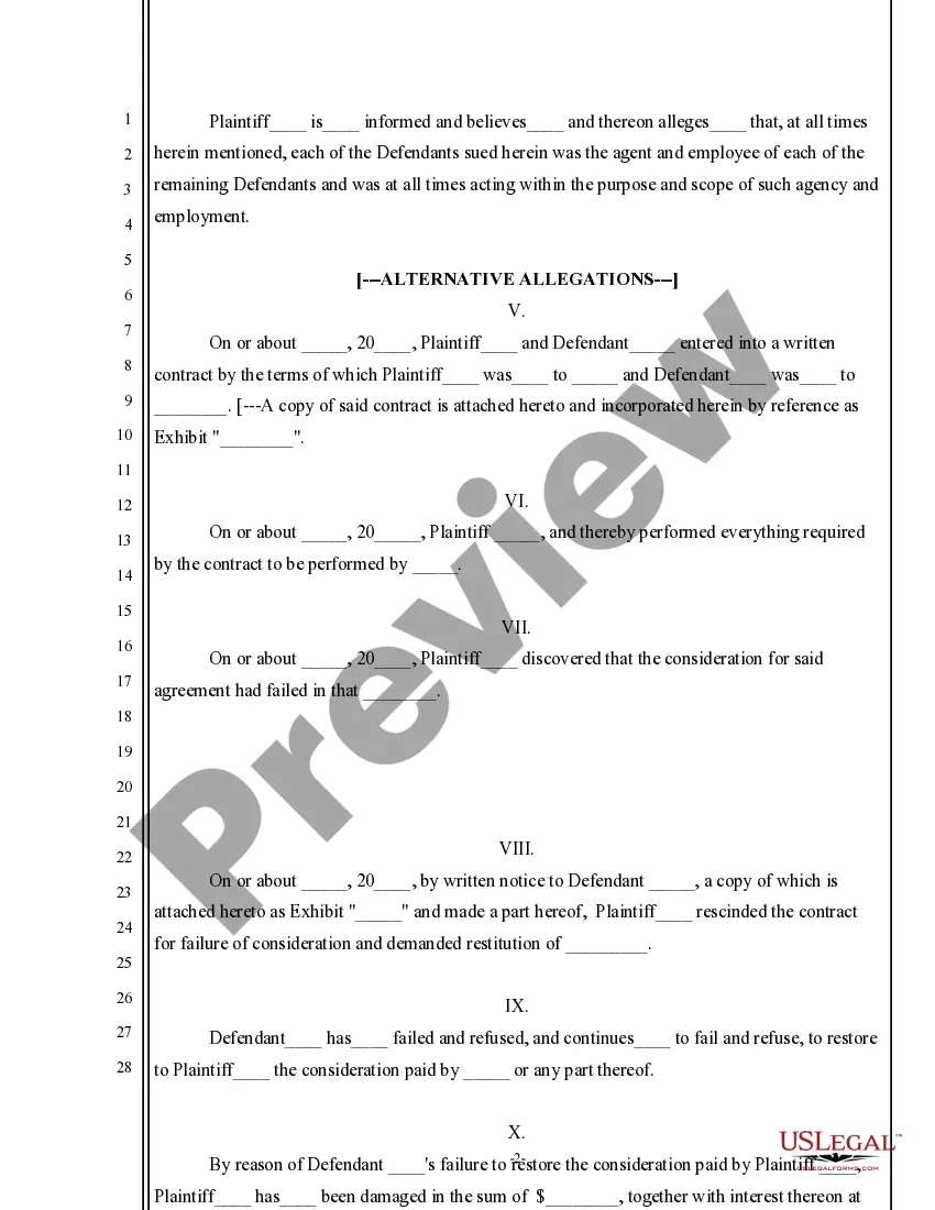 Preview Complaint for Rescission for Failure of Consideration of Contract