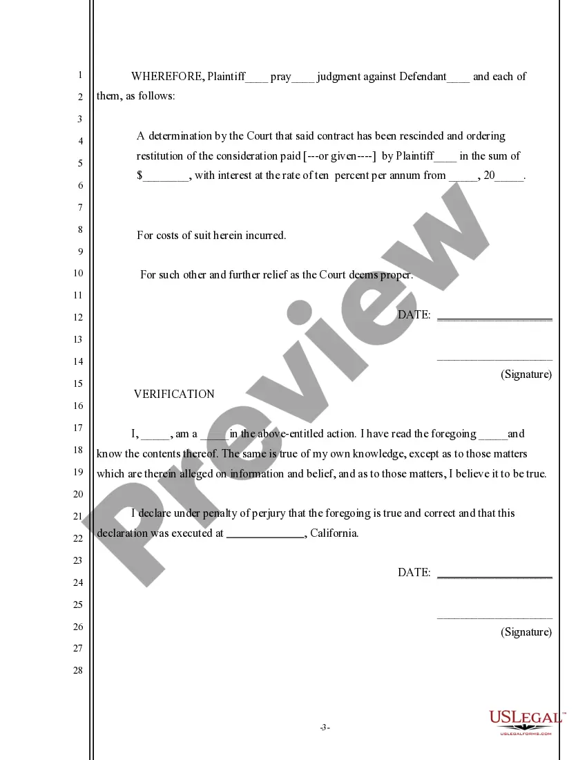Preview Complaint for Rescission for Failure of Consideration of Contract
