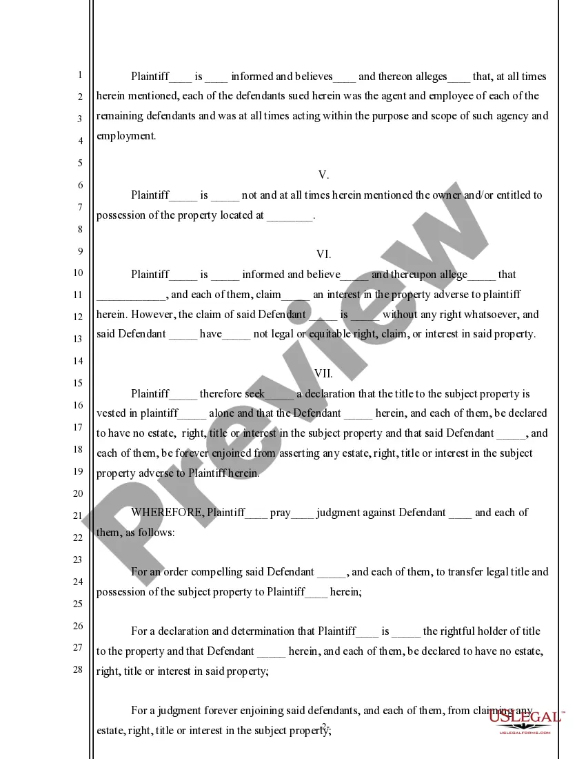 Preview Complaint to Quiet Title to Real Property - General