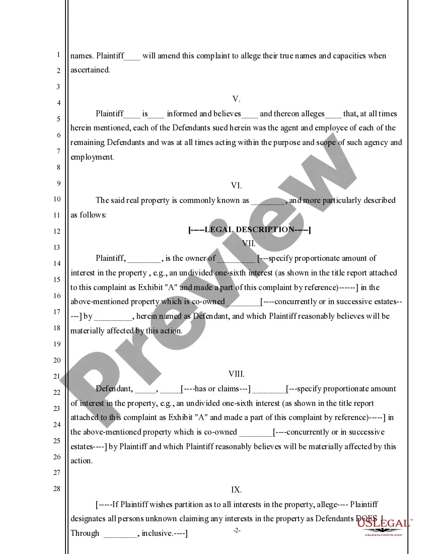 Get Complaint for Partition of Real Property Preview Complaint for Partition of Real Property