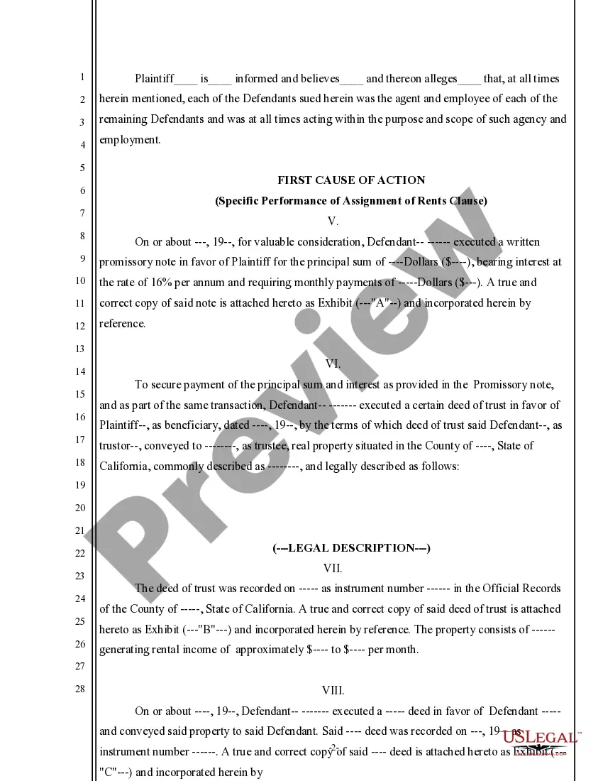Preview Complaint for Specific Performance of Rents and Profits Clause for Appointment of Receiver