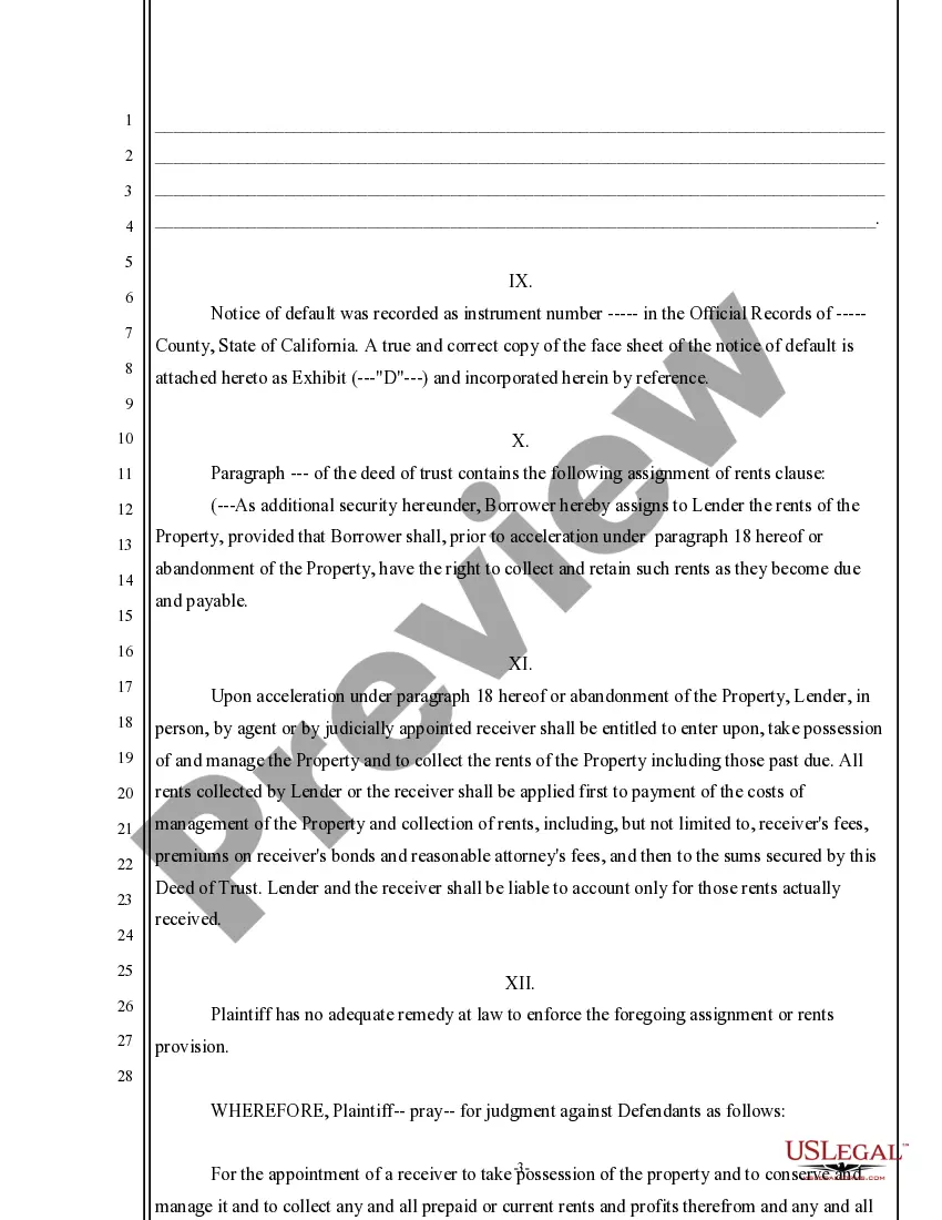 Preview Complaint for Specific Performance of Rents and Profits Clause for Appointment of Receiver