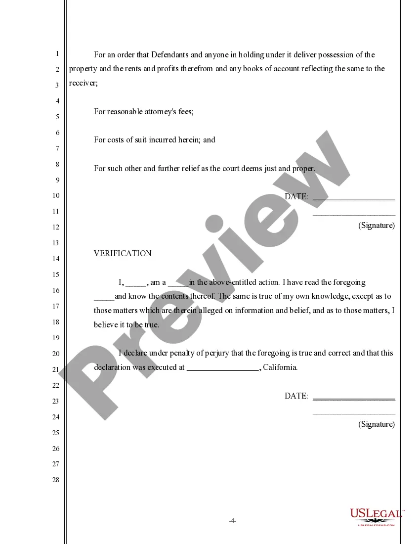 Preview Complaint for Specific Performance of Rents and Profits Clause for Appointment of Receiver