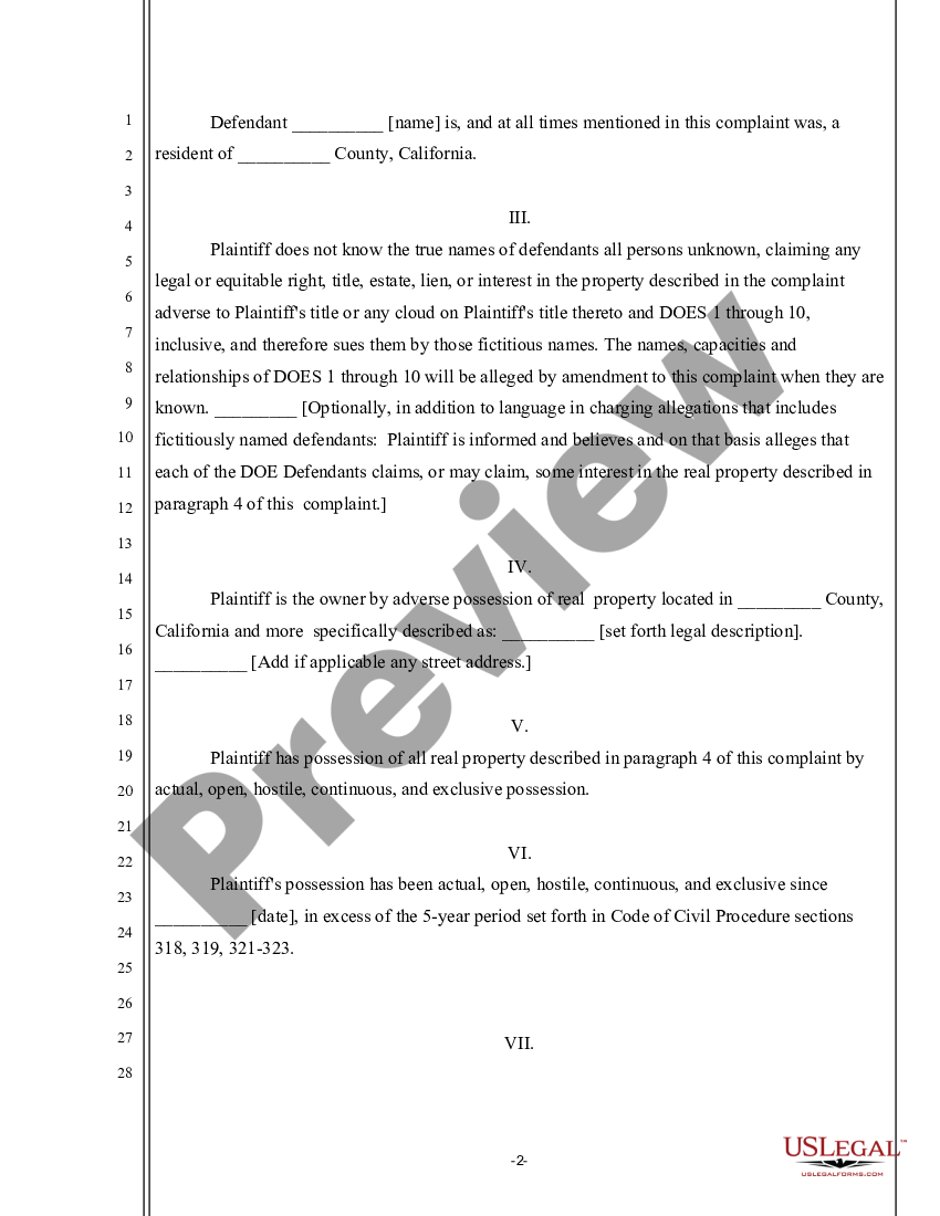 California Complaint To Quiet Title Based In Adverse Possession Adverse Possession Claim Form 5108