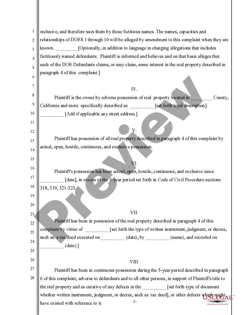 Get Complaint to Quiet Title based in Adverse Possession Preview Complaint to Quiet Title based in Adverse Possession