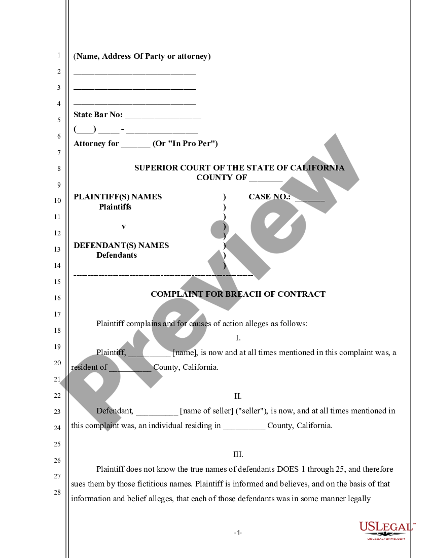 california-complaint-for-breach-of-contract-for-failure-to-disclose-condition-of-property-us