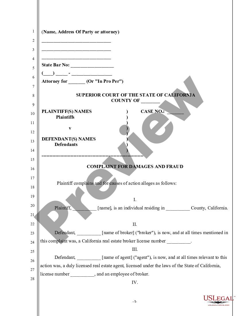 California Complaint for Damages and Fraud for Failure to Disclose