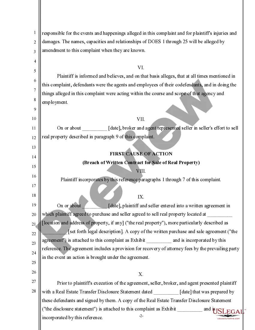 Preview Complaint for Damages and Fraud for Failure to Disclose Property Condition against Agent, Seller, Broker
