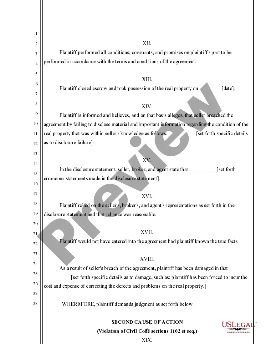 Preview Complaint for Damages and Fraud for Failure to Disclose Property Condition against Agent, Seller, Broker