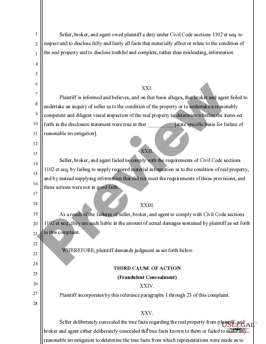 Preview Complaint for Damages and Fraud for Failure to Disclose Property Condition against Agent, Seller, Broker