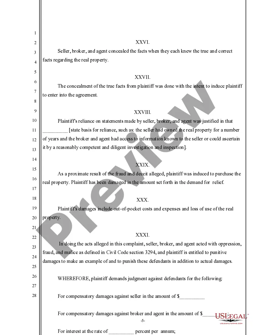 Preview Complaint for Damages and Fraud for Failure to Disclose Property Condition against Agent, Seller, Broker