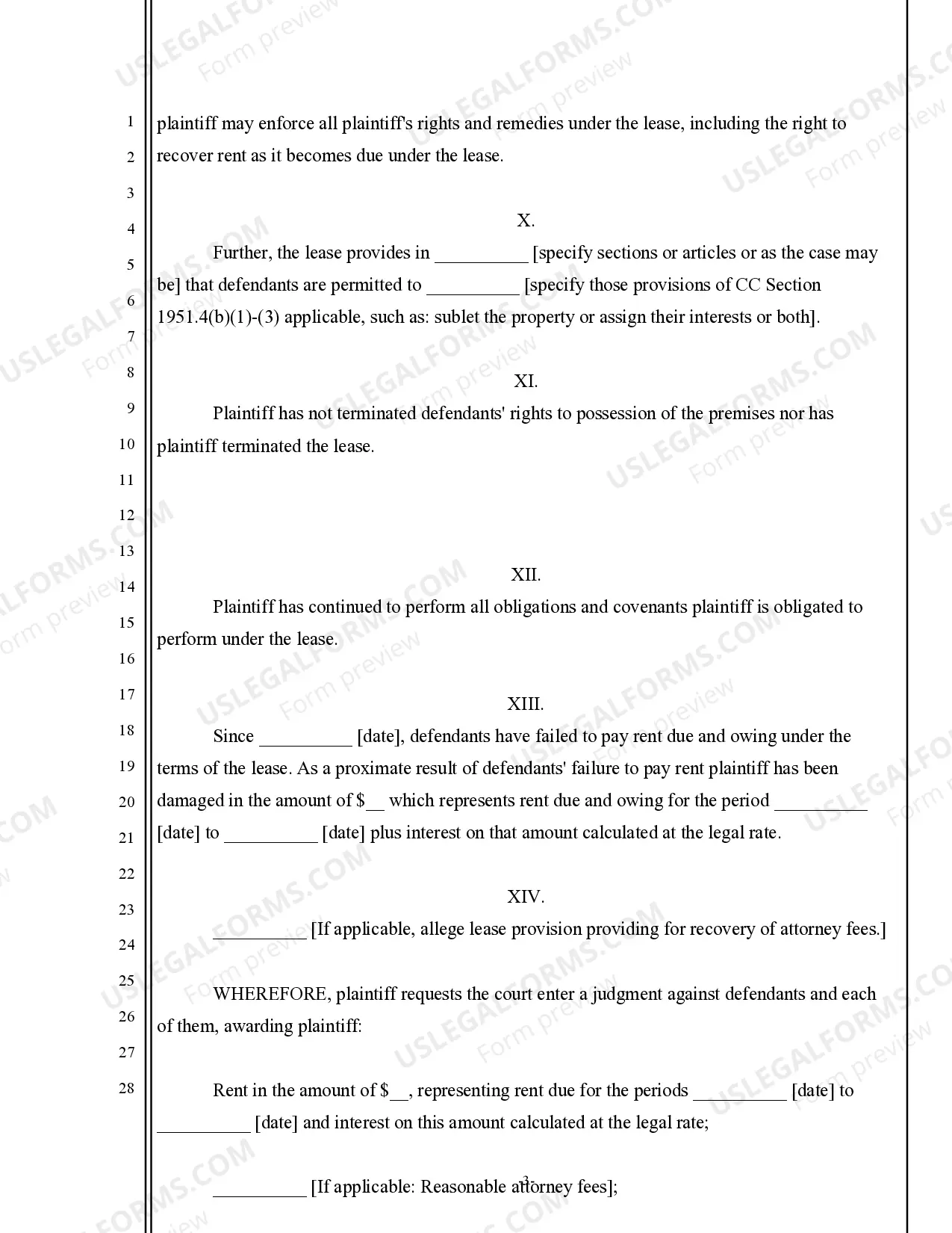 Preview Complaint for Rent Due to Landlord
