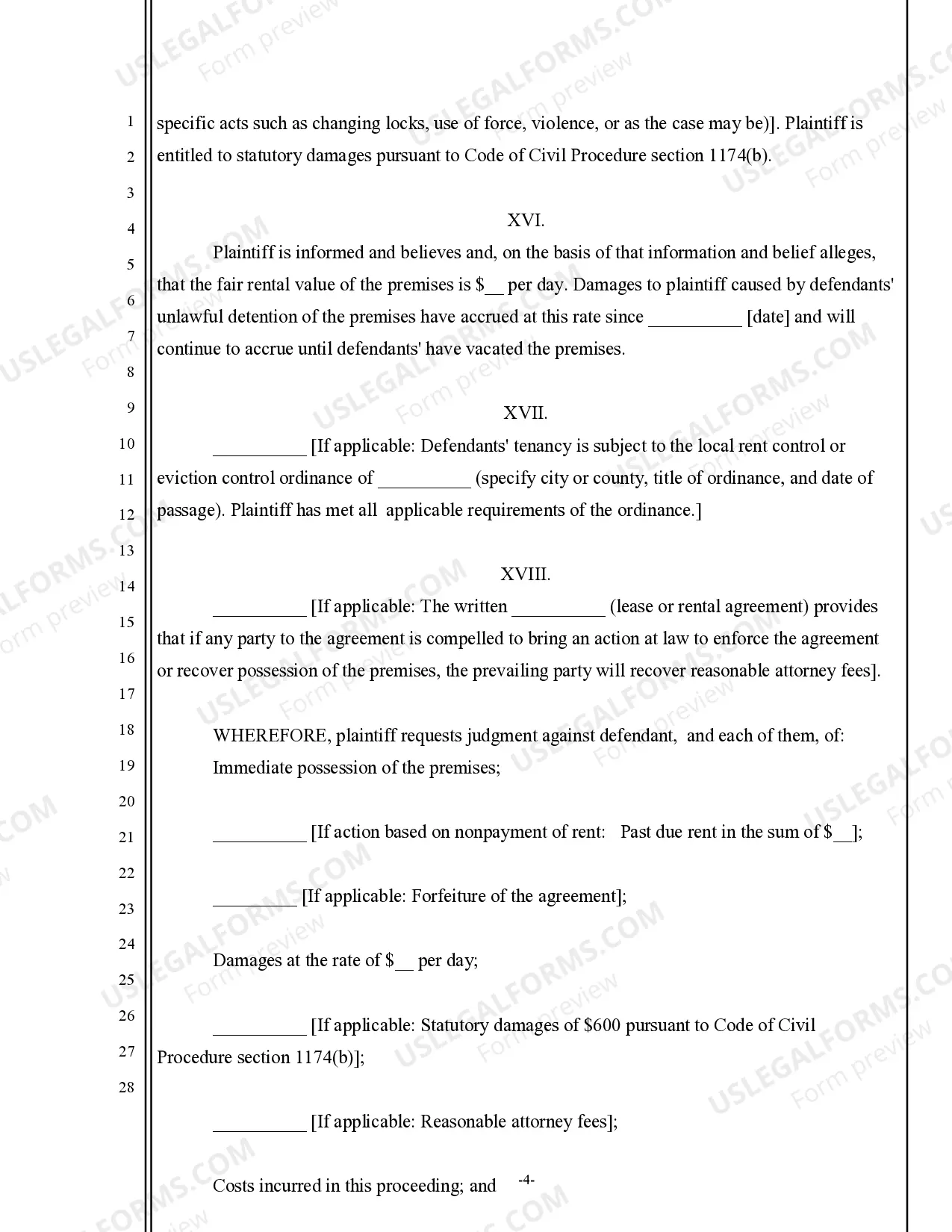 Preview Landlord Complaint for Unlawful Detainer against Holdover Tenant - residential