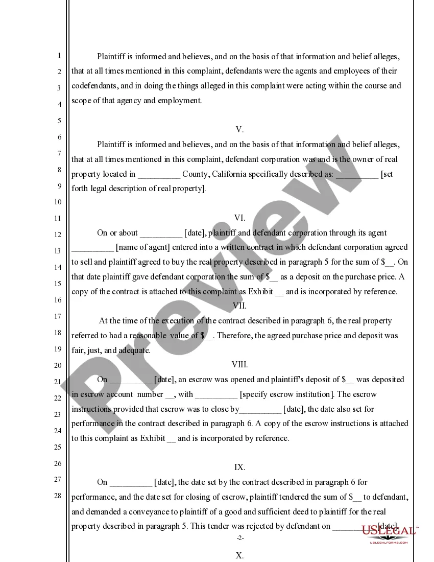 Get Complaint for Specific Performance and Alternatively for Breach of Contract Preview Complaint for Specific Performance and Alternatively for Breach of Contract