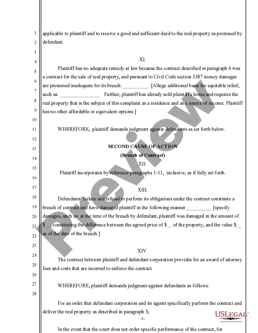 Get Complaint for Specific Performance and Alternatively for Breach of Contract Preview Complaint for Specific Performance and Alternatively for Breach of Contract