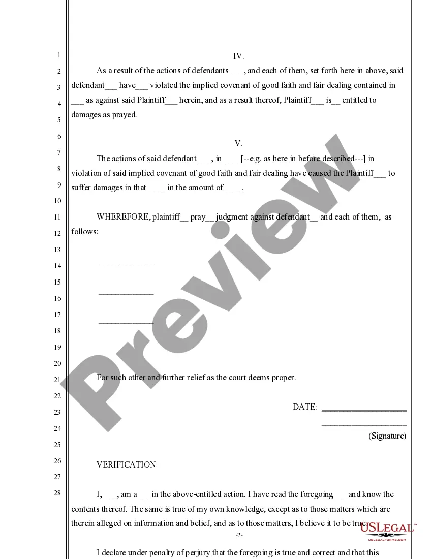 Preview Complaint for Breach of Implied Covenant of Good Faith and Fair Dealing