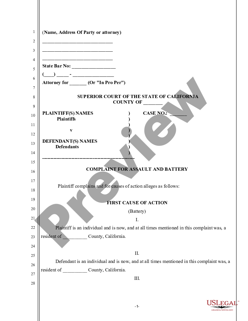 California Complaint for Assault and Battery Battery Complaint US