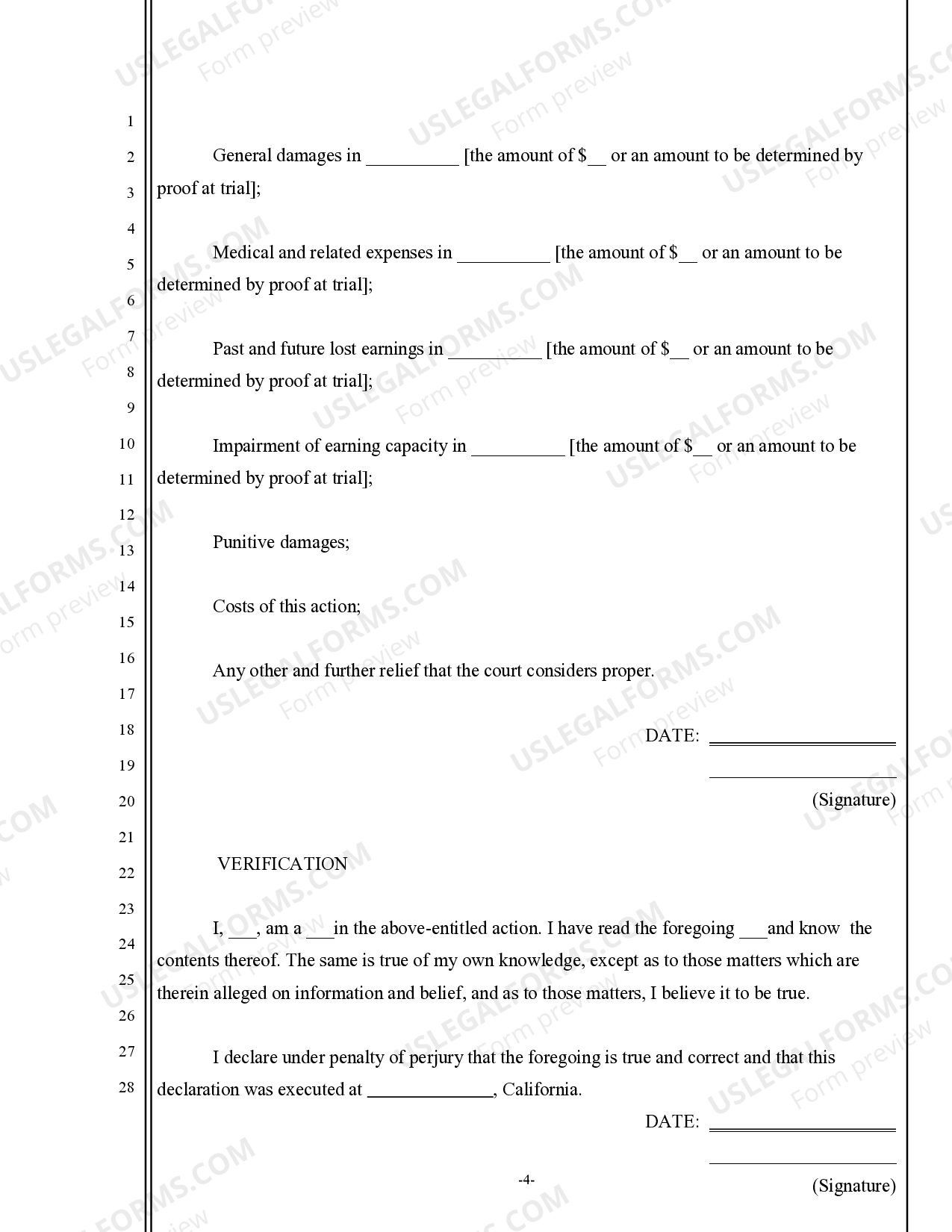 California Complaint for Assault and Battery US Legal Forms