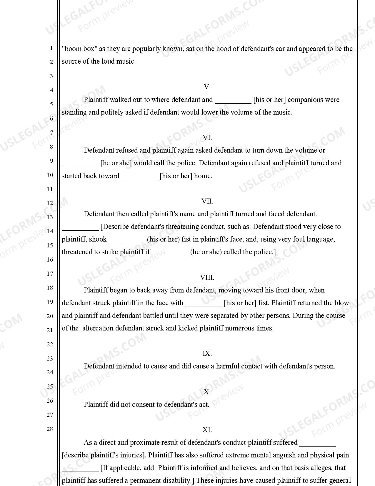 Preview Complaint for Assault and Battery