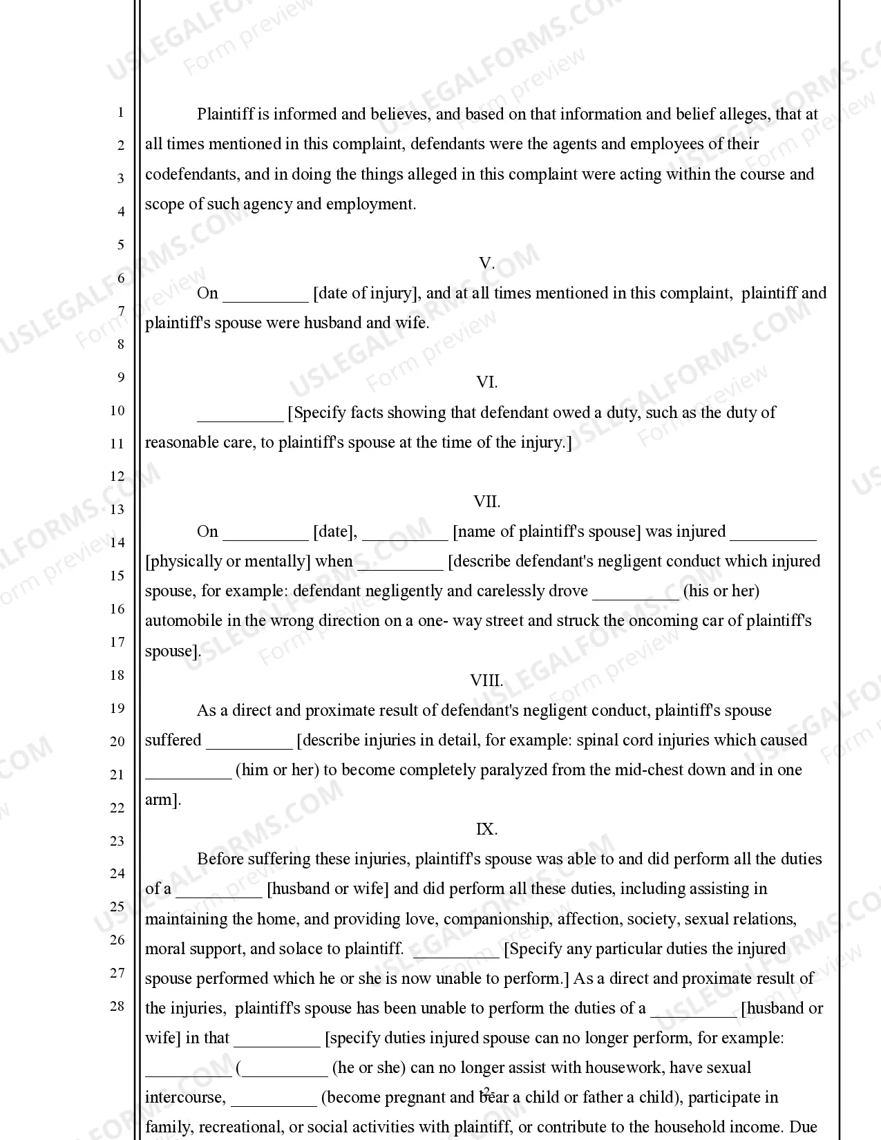 Preview Complaint for Damages for Negligence - Loss of Spousal Relations