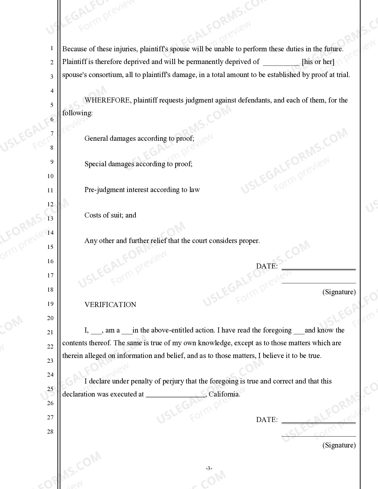 Preview Complaint for Damages for Negligence - Loss of Spousal Relations