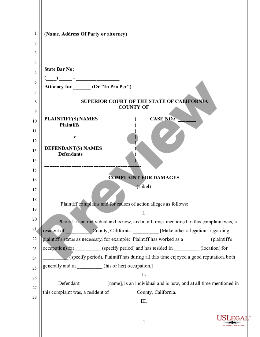 California Complaint for Damages - Libel | US Legal Forms