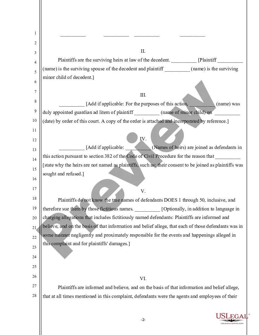 Preview Complaint for Damages and Wrongful Death