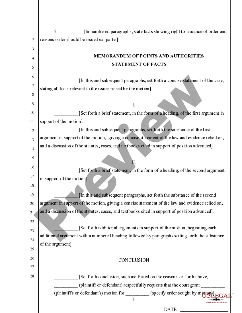 Get Ex Parte Application for Orders and Memo of points and Authorities - General Sample Preview Ex Parte Application for Orders and Memo of points and Authorities - General Sample