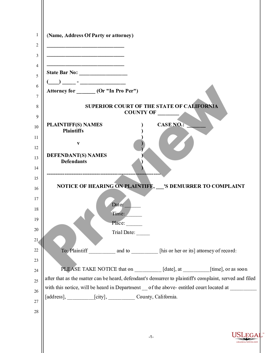 California Notice Of Hearing On Plaintiffs Demurrer To Complaint Us Legal Forms 1228