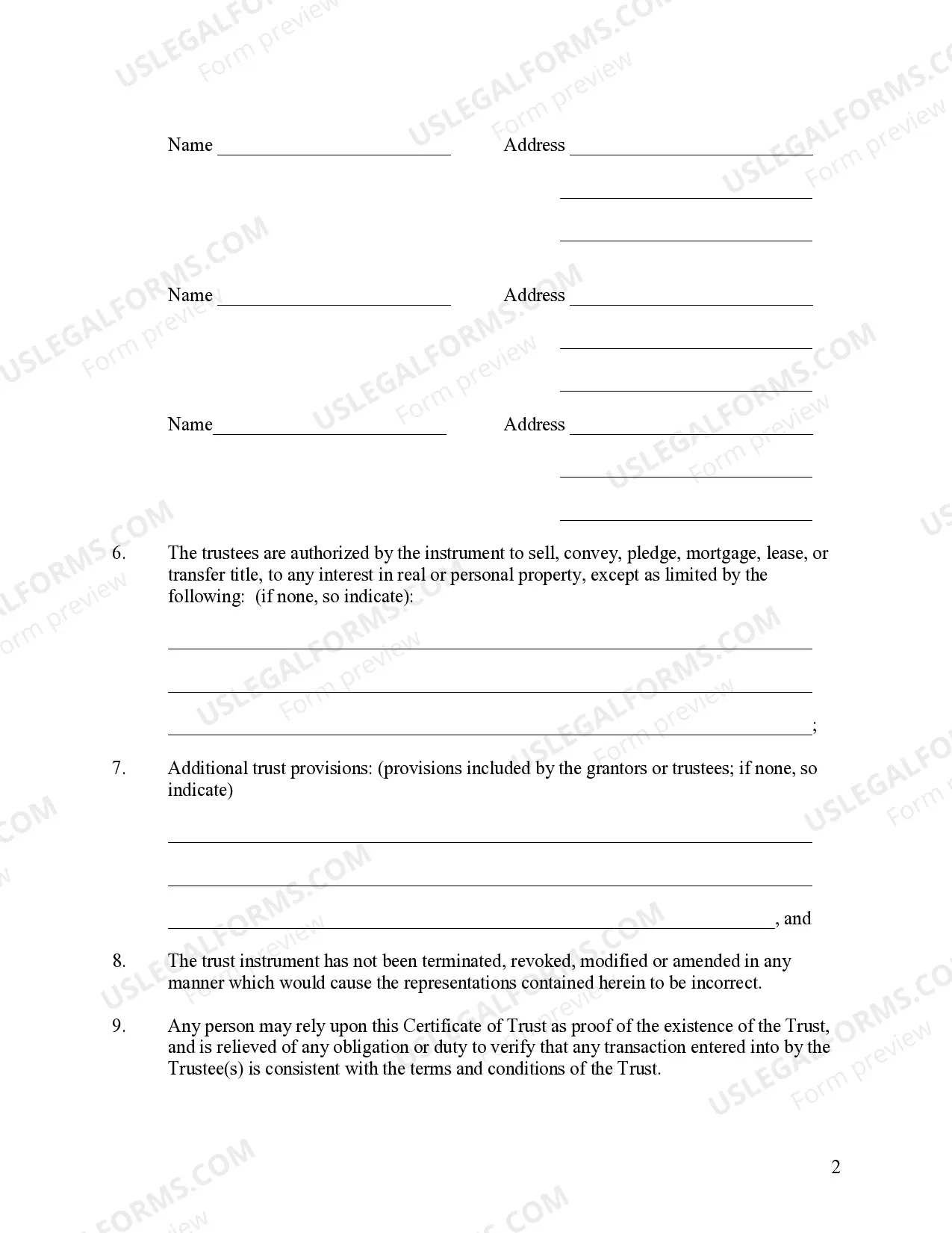 Preview California Certificate of Trust by Corporation