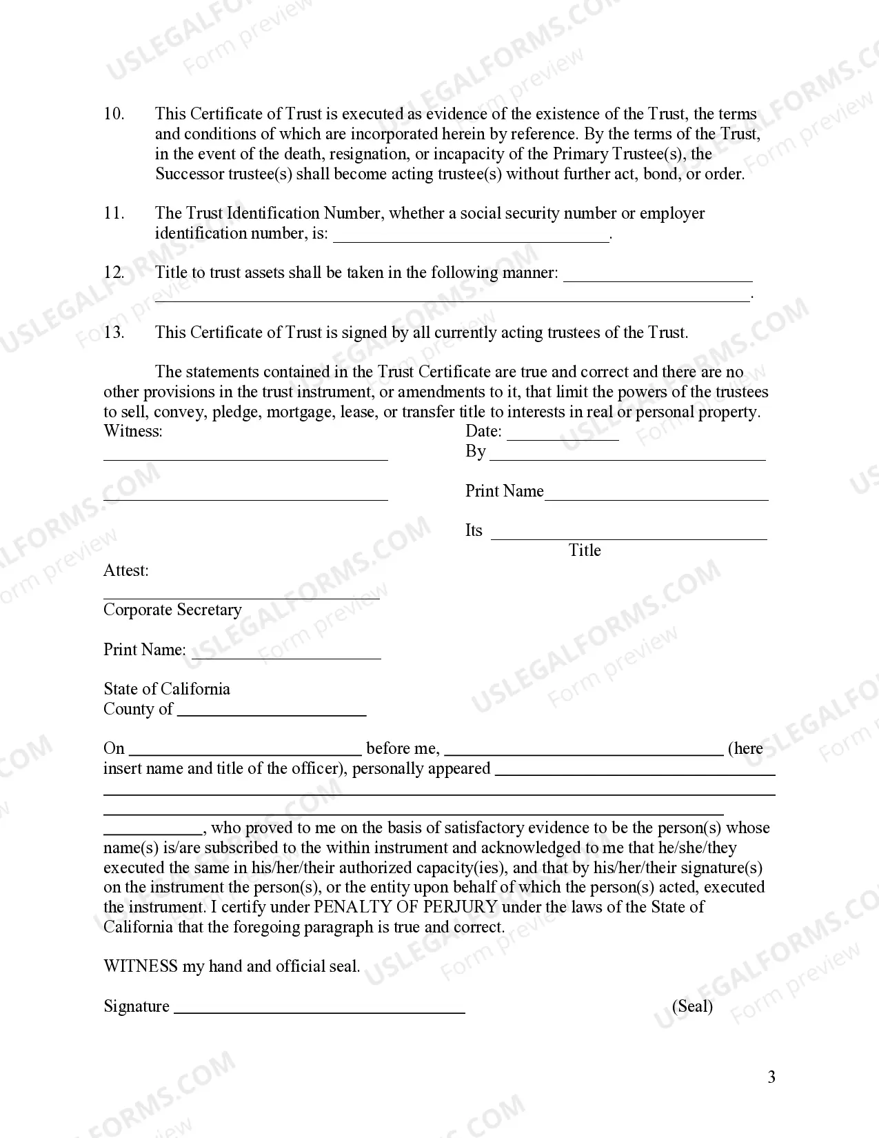 Preview California Certificate of Trust by Corporation