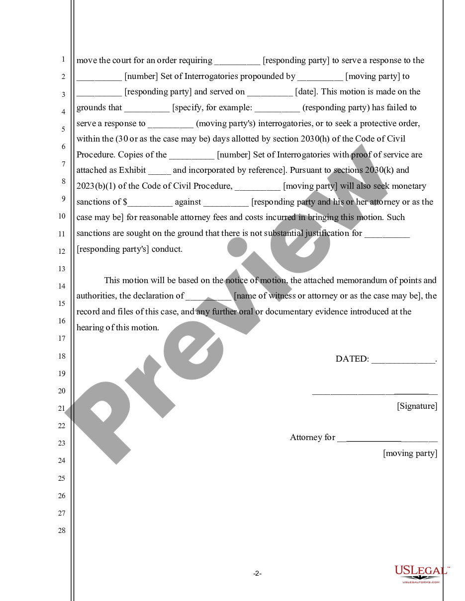 form Notice of Motion for Order Compelling Answers to Interrogatories and For Sanctions preview