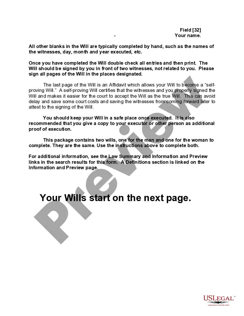 Preview Mutual Wills containing Last Will and Testaments for Man and Woman living together not Married with No Children