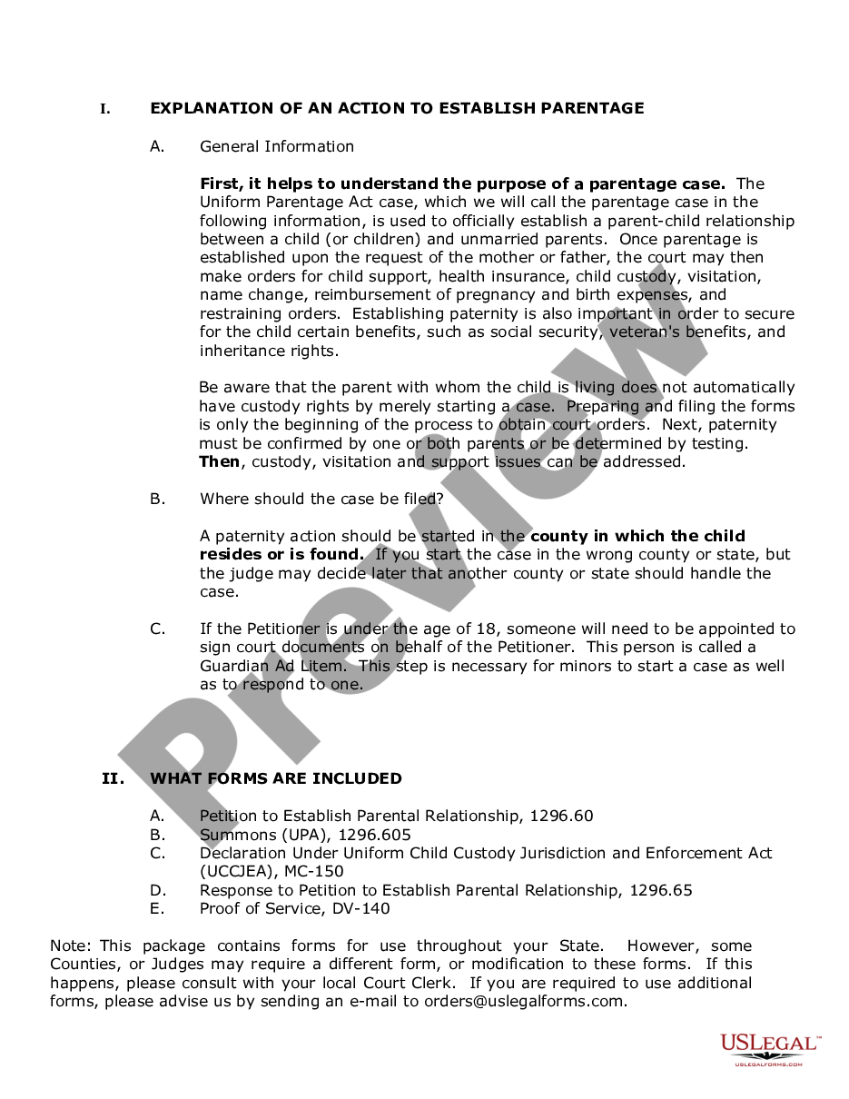 page 1 Paternity Case Package - Establishment of Paternity preview