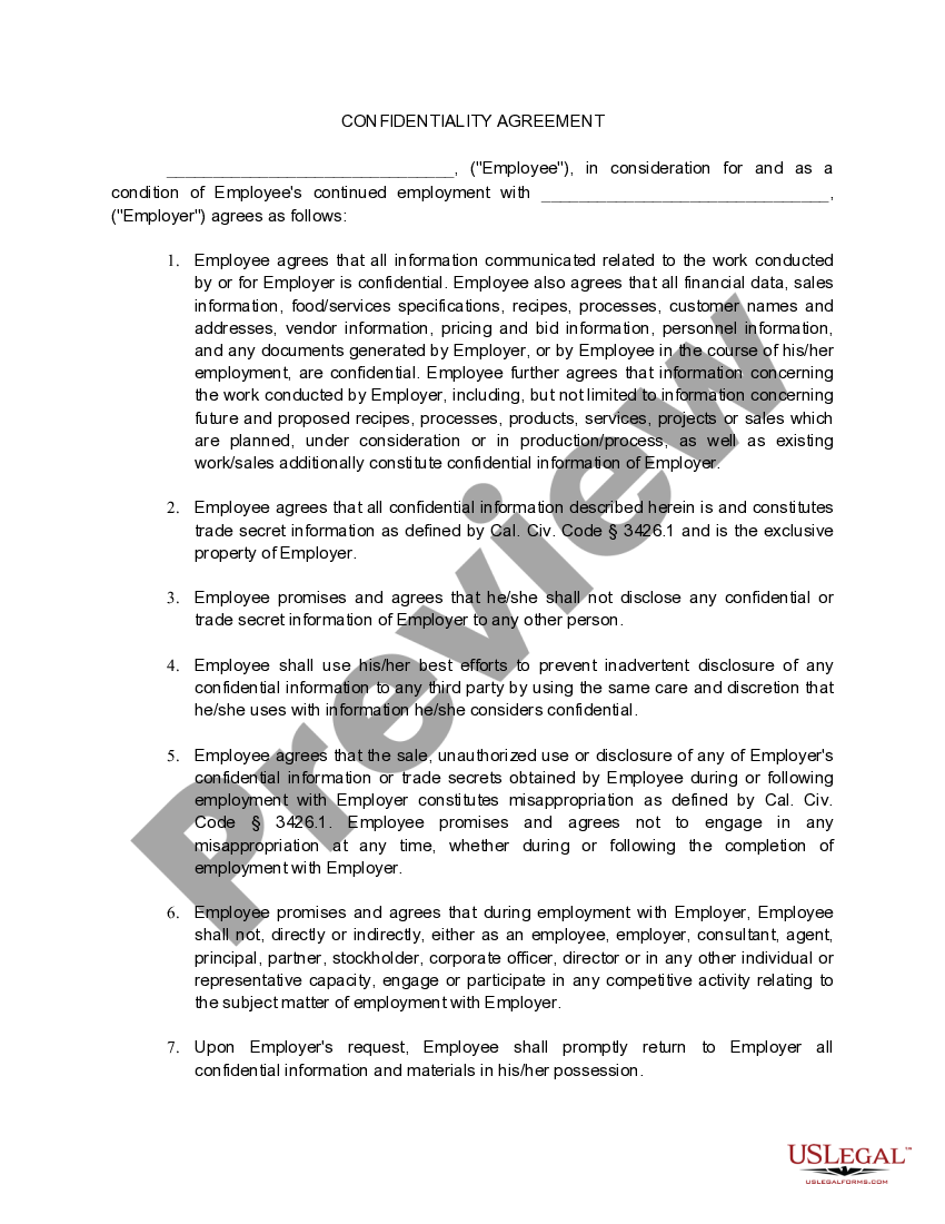 Confidentiality Agreement for Food Service Workers in California US Legal Forms