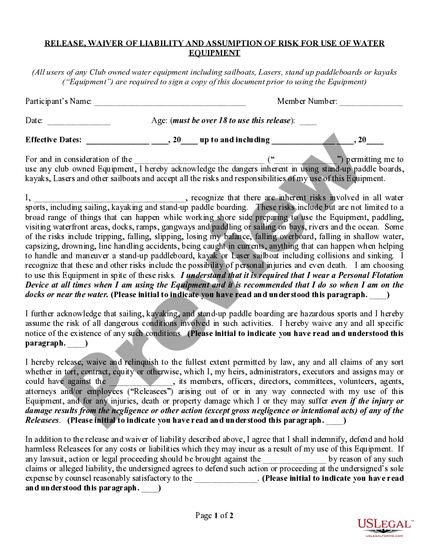 Release, Waiver, and Assumption of Risk for Use of Water Equipment at a