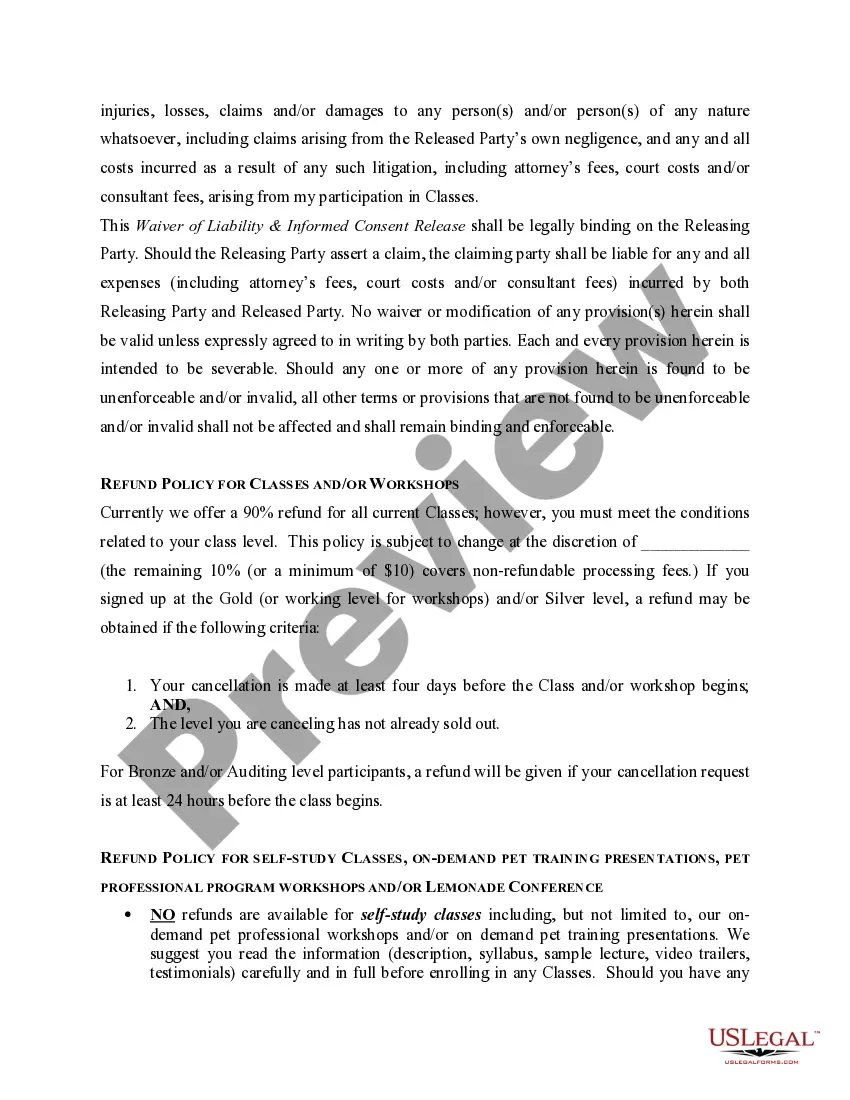 Preview Waiver of Liability and Informed Consent Release for Dog/Pet Training