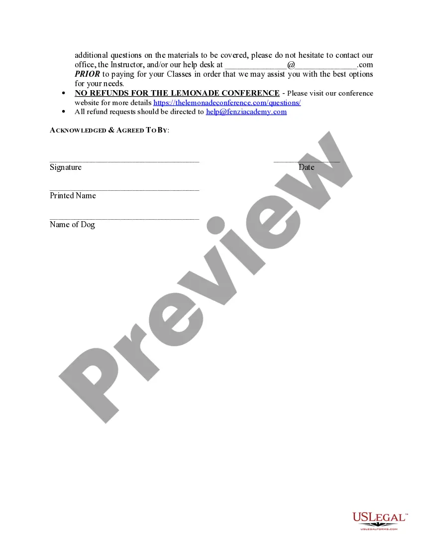 Preview Waiver of Liability and Informed Consent Release for Dog/Pet Training