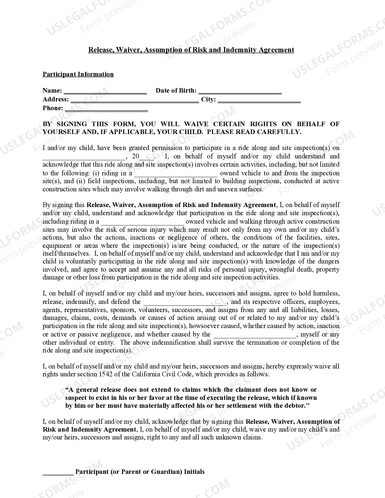 California Release, Waiver, Assumption of Risk and Indemnity Agreement