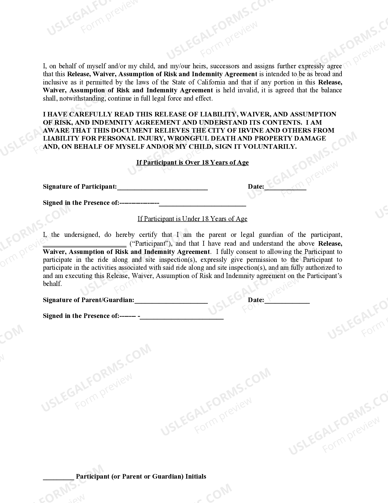 California Release, Waiver, Assumption of Risk and Indemnity Agreement ...