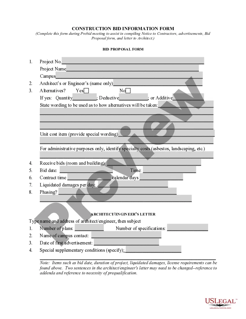 Preview Construction Bid Information Form