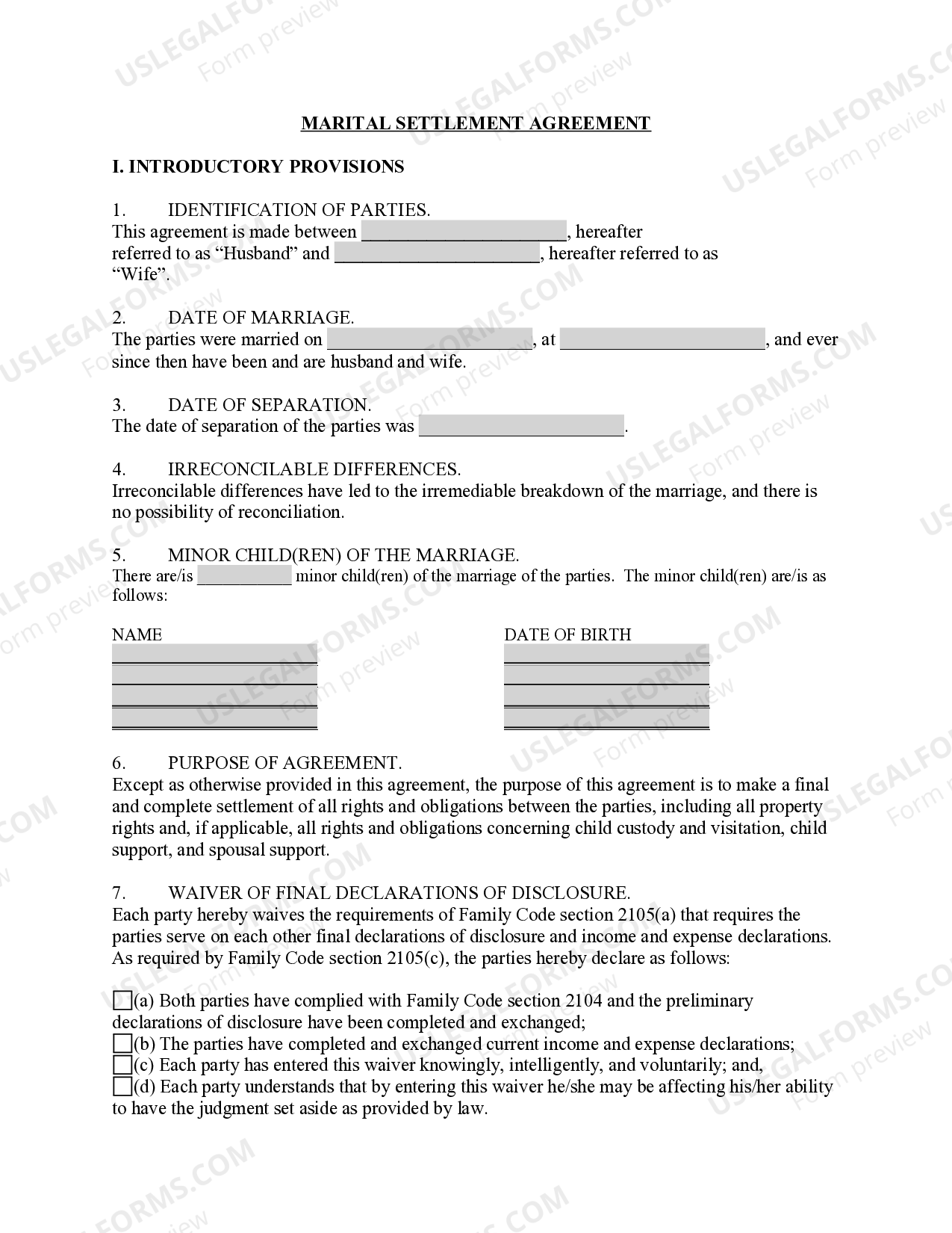 California Marital Settlement Agreement US Legal Forms