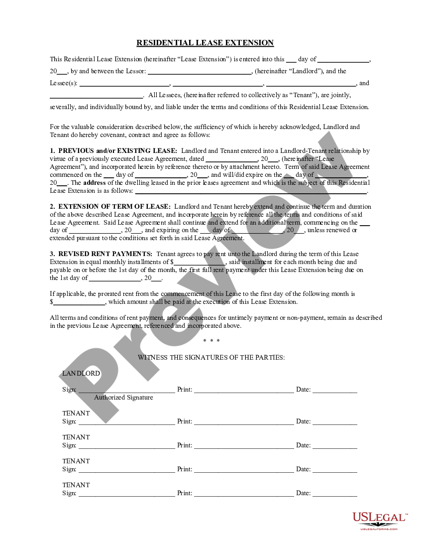 form Residential or Rental Lease Extension Agreement preview