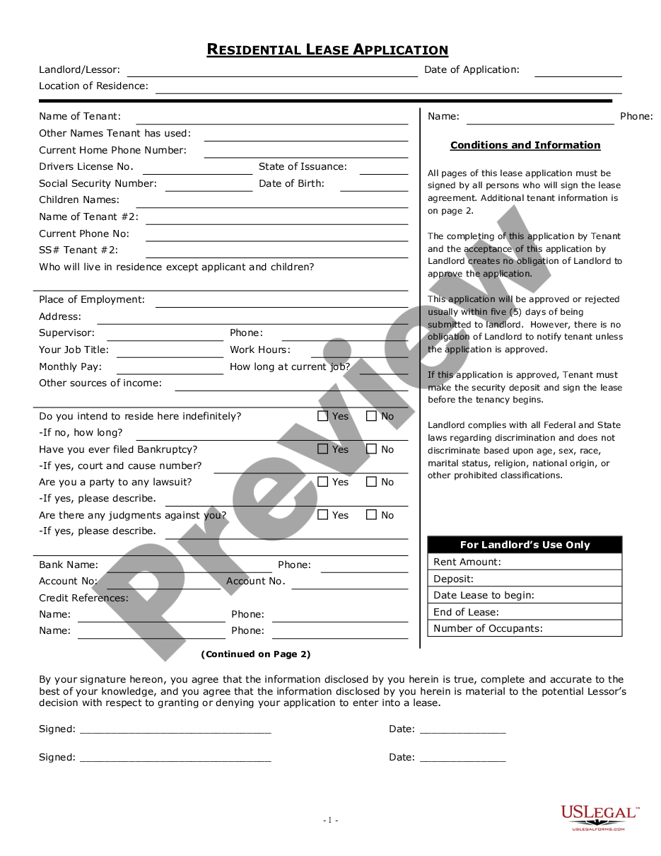 California Residential Rental Lease Application Rental Application