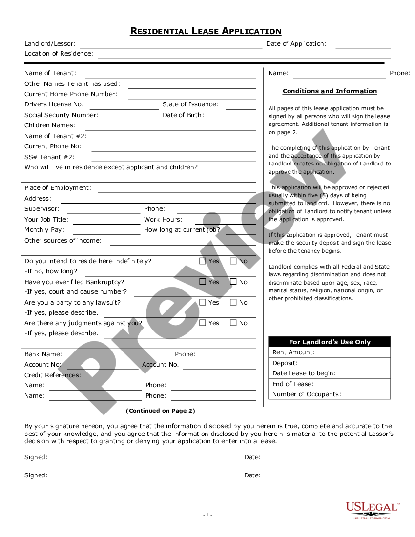 California Residential Rental Lease Application Rental Application