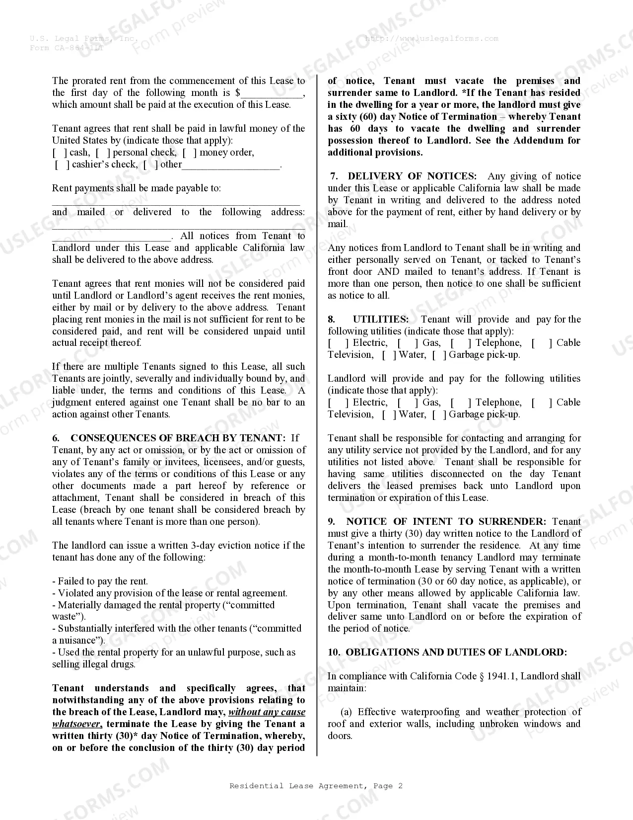 Preview Residential Lease or Rental Agreement for Month to Month