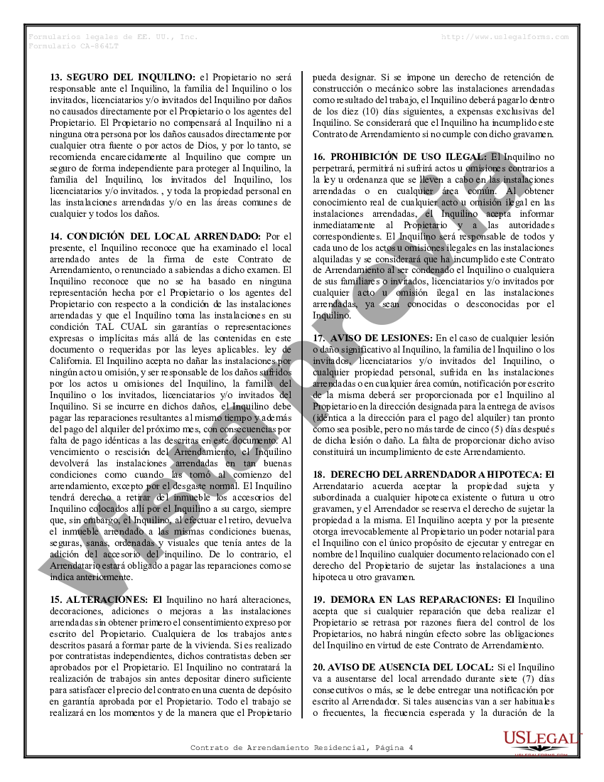 California Contrato de arrendamiento de alquiler residencial Contrato