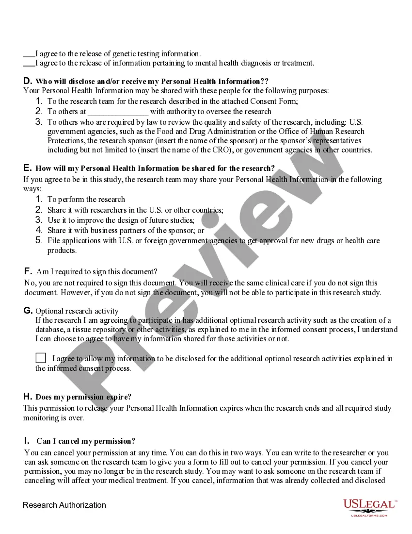 Preview Permission to Use Personal Health Information for Research